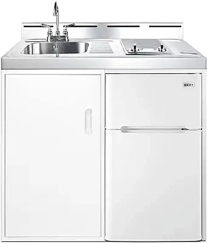 39 inch wide all-in-one kitchenette with 2-burner cooktop, refrigerator-freezer, sink, and storage cabinet G783