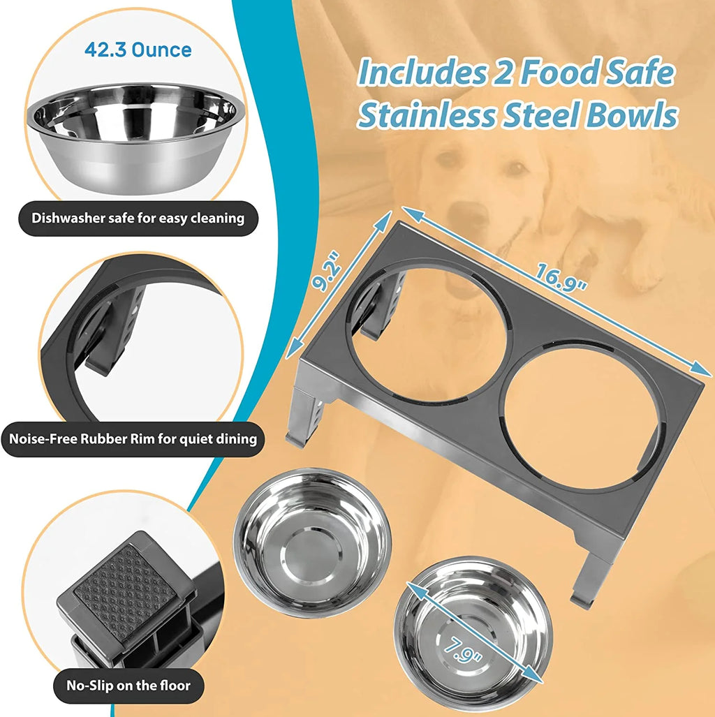 Elevated Dog Bowls Stand with 2 Stainless Steel Dishes, Raised Dog Bowl Adjusts to 5 Heights (Gray) E582