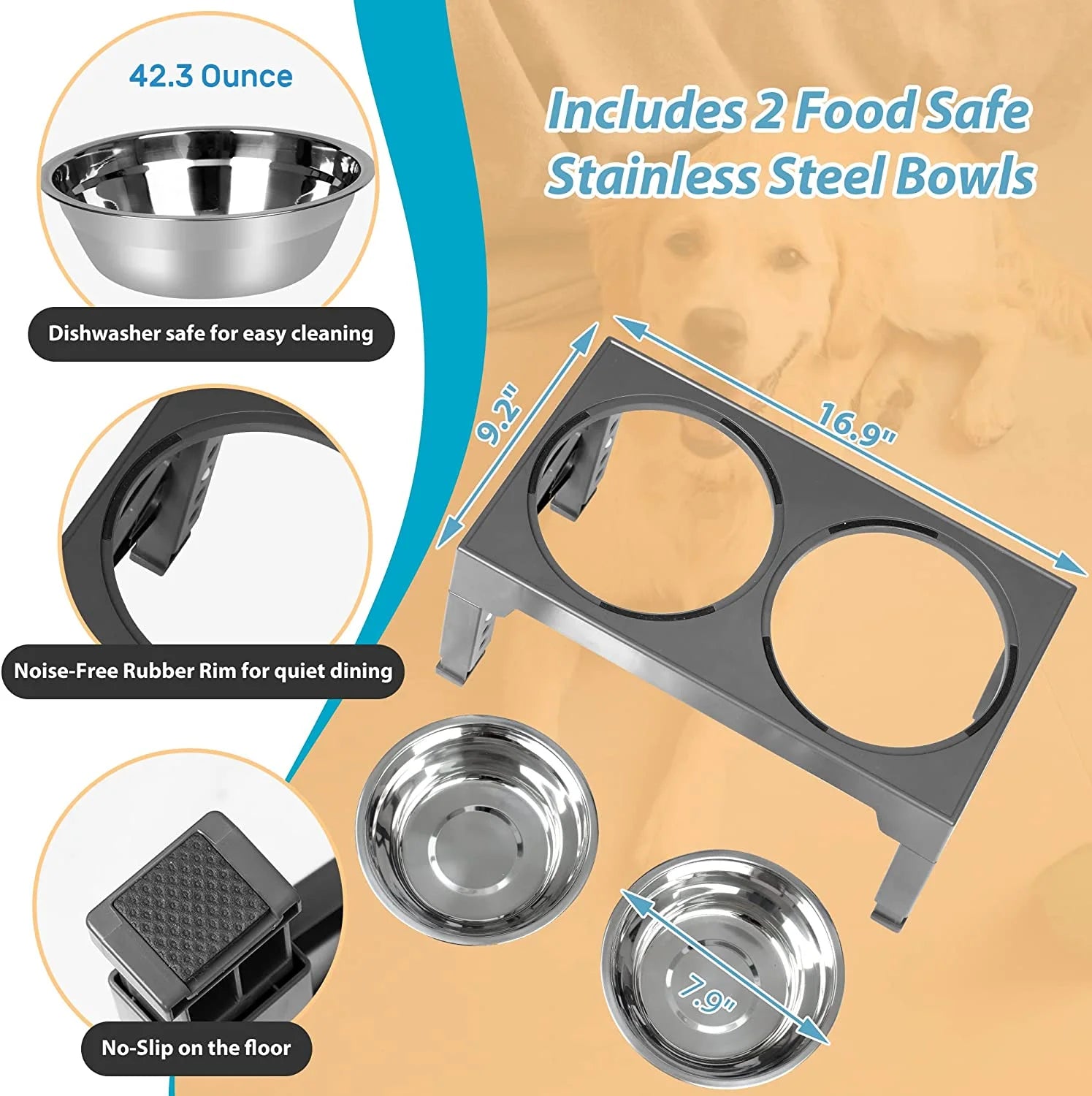 Elevated Dog Bowls Stand with 2 Stainless Steel Dishes, Raised Dog Bowl Adjusts to 5 Heights (Gray) E582