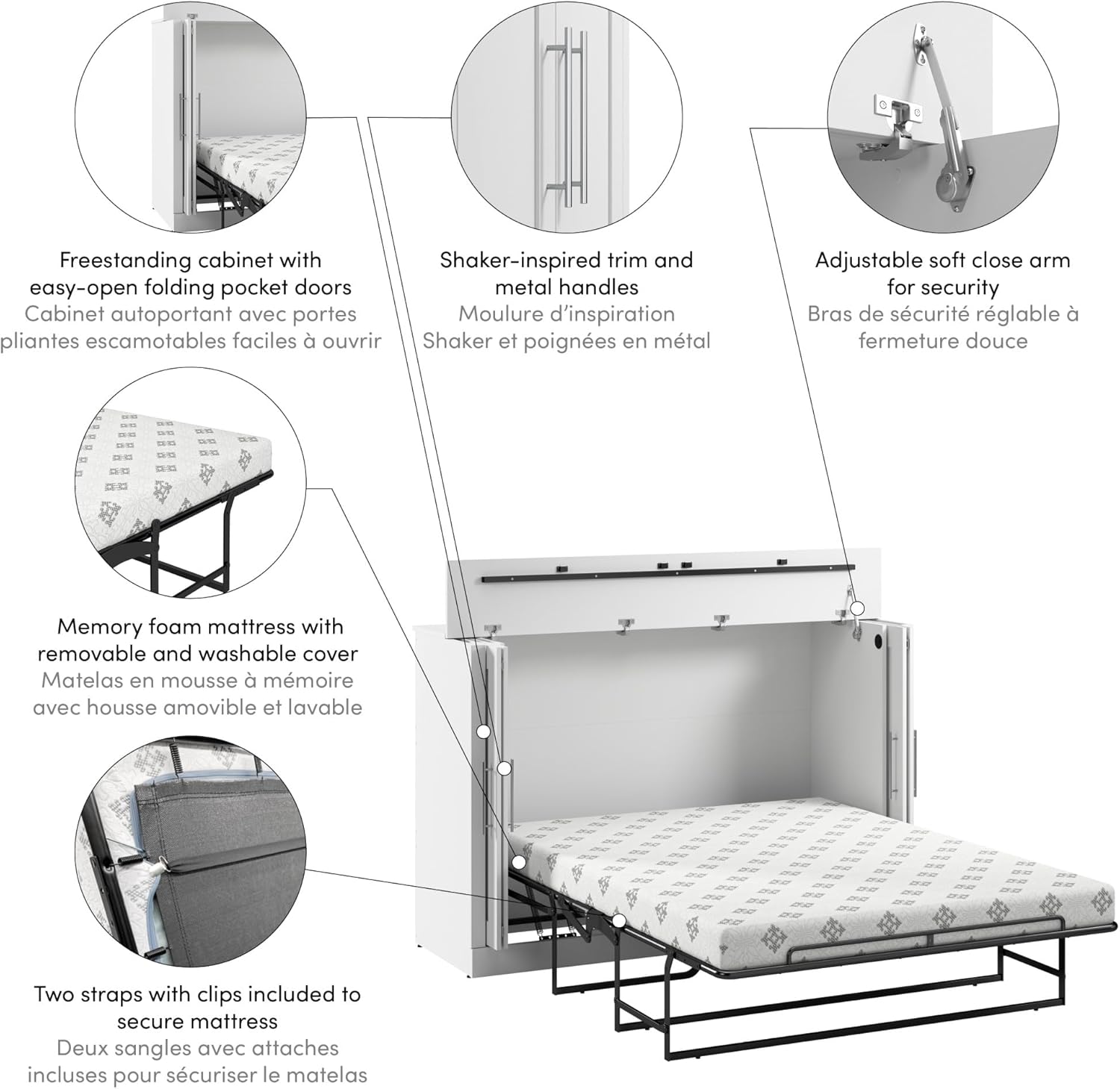 White Full Murphy Cabinet Bed with Mattress A3505