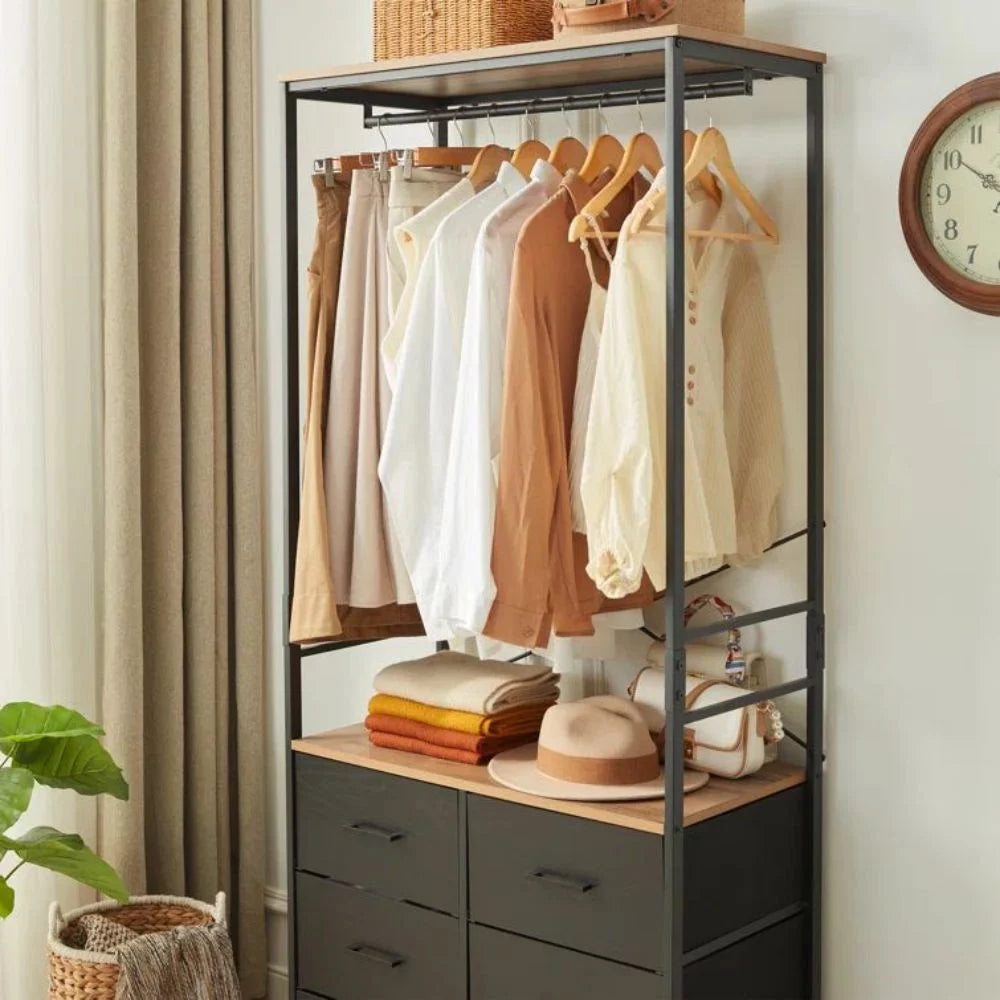 Freestanding Clothing Rack with Hanging Rod and 6 Drawer Wooden Wardrobe Armoire Y7027