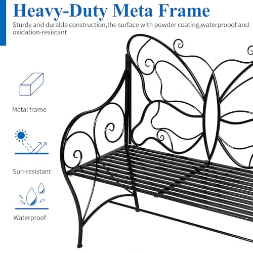 Black Cast Iron Metal Outdoor Bench with Armrests W314