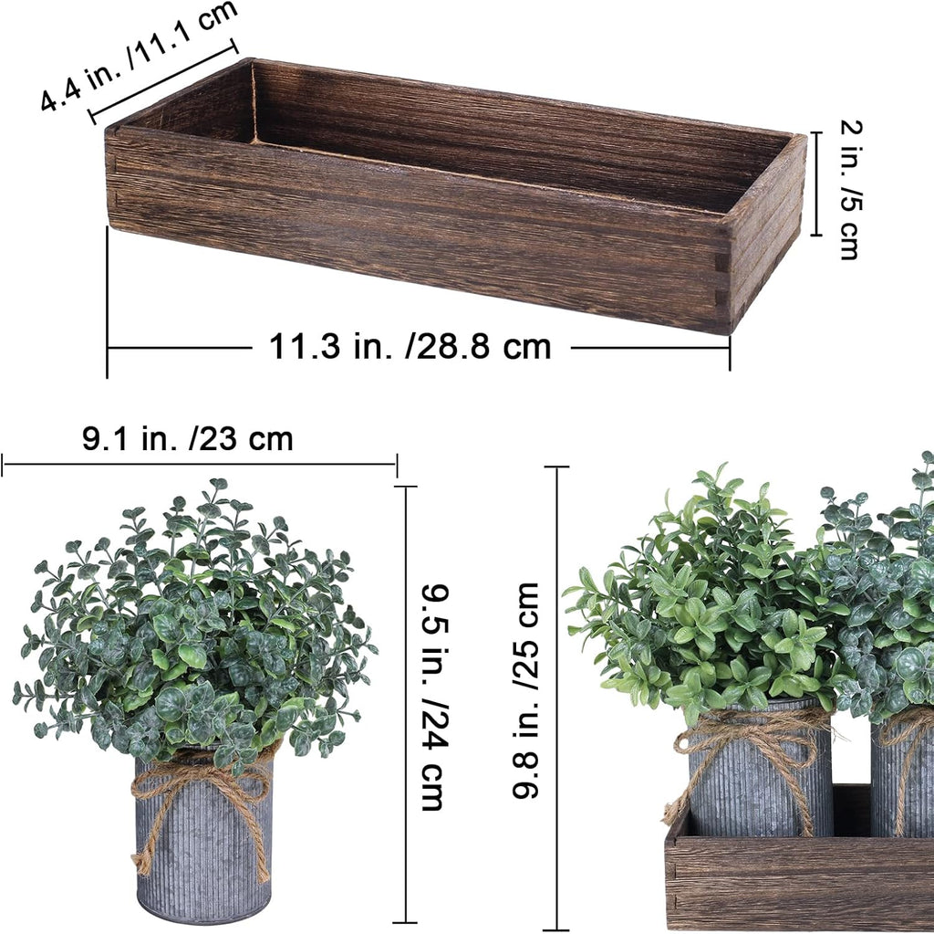 Set of 3 Mini Faux Potted Plants in Rustic Galvanized Metal Pots with Rectangle Wood Box U480