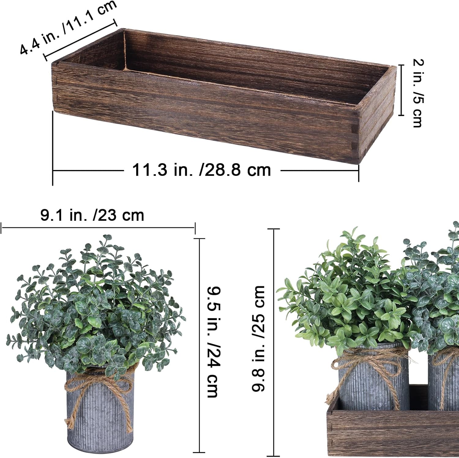 Set of 3 Mini Faux Potted Plants in Rustic Galvanized Metal Pots with Rectangle Wood Box U480