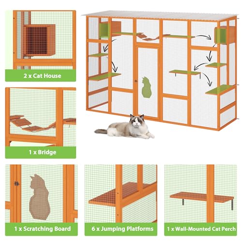 Orange Wooden Cat Enclosure with Large Door, Waterproof Roof, 104" L Extra Wide L43032