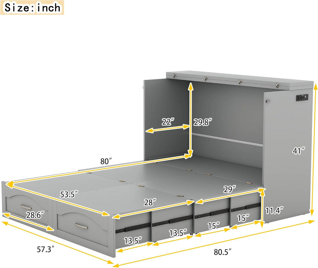 Gray Full Size Murphy Cabinet Bed with Built-in Charging Station H1161