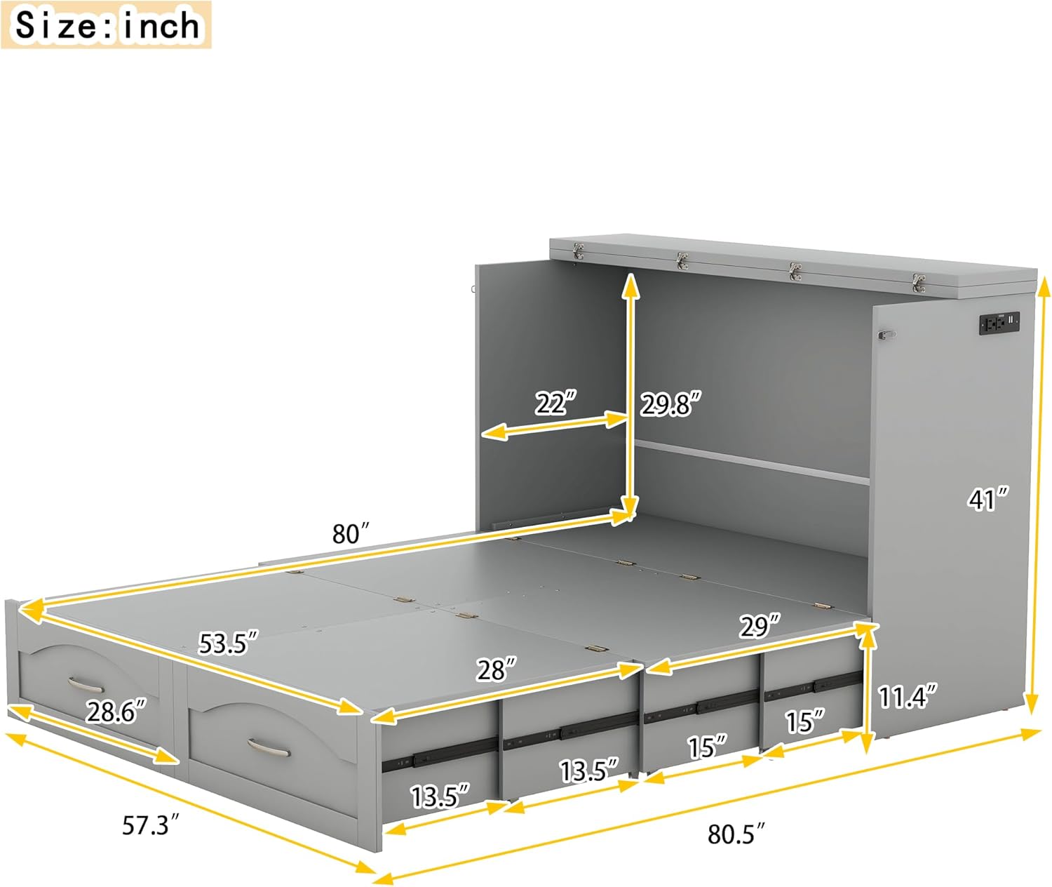 Gray Full Size Murphy Cabinet Bed with Built-in Charging Station H1161