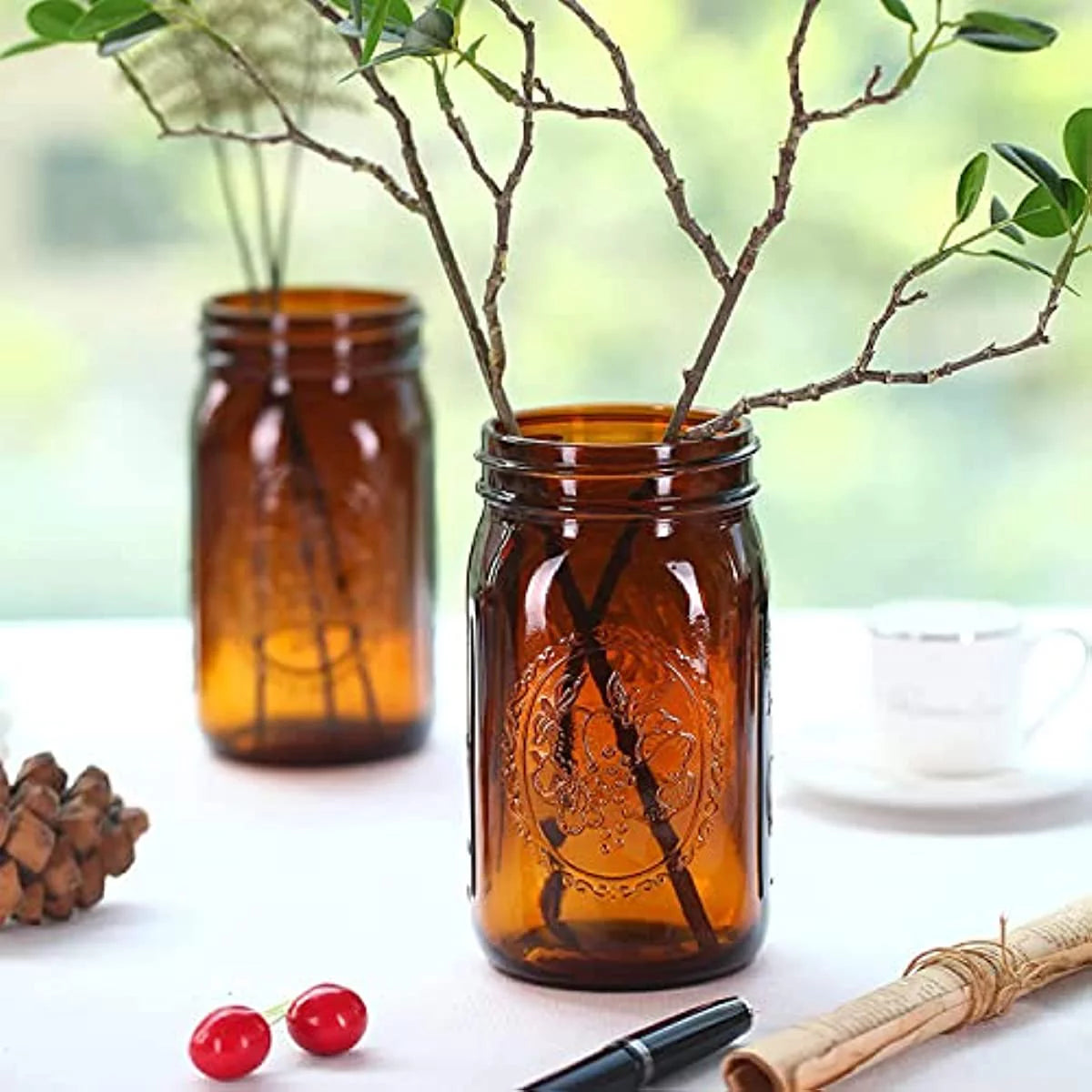 4 Pack 32Oz Amber Wide Mouth Glass Mason Jars with Airtight Lids and Bands N2890