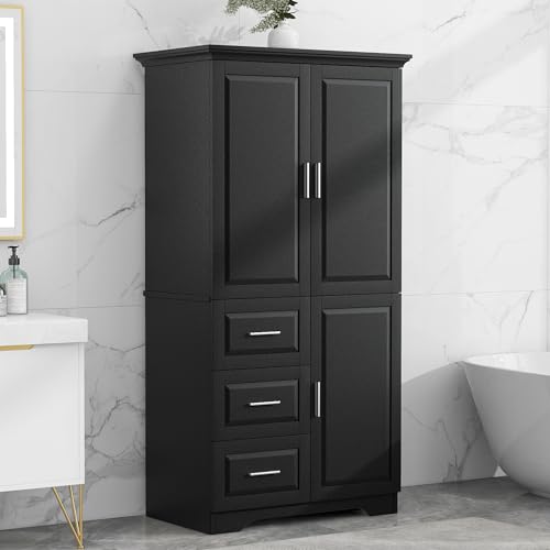 White 3 Door Tall Storage Cabinet with Adjustable Shelves and 3 Drawers H628