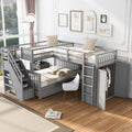Gray Wooden Triple Bunk Bed with Desk, Storage Drawers, Stairs and Wardrobe B4761