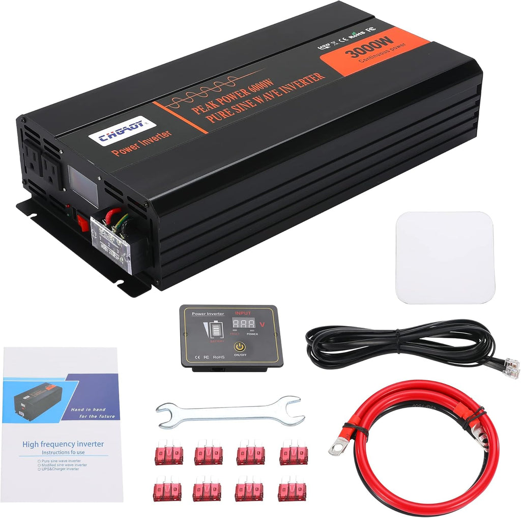 3000W Pure Sine Wave Power Inverter DC 12V to AC 120V with LCD Digital Display Remote Control USB Port Q28126
