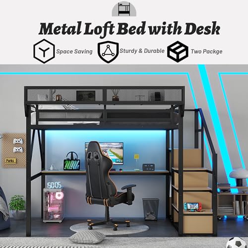 Black Full Size Loft Bed with Desk and Stairs, Steel Frame S894