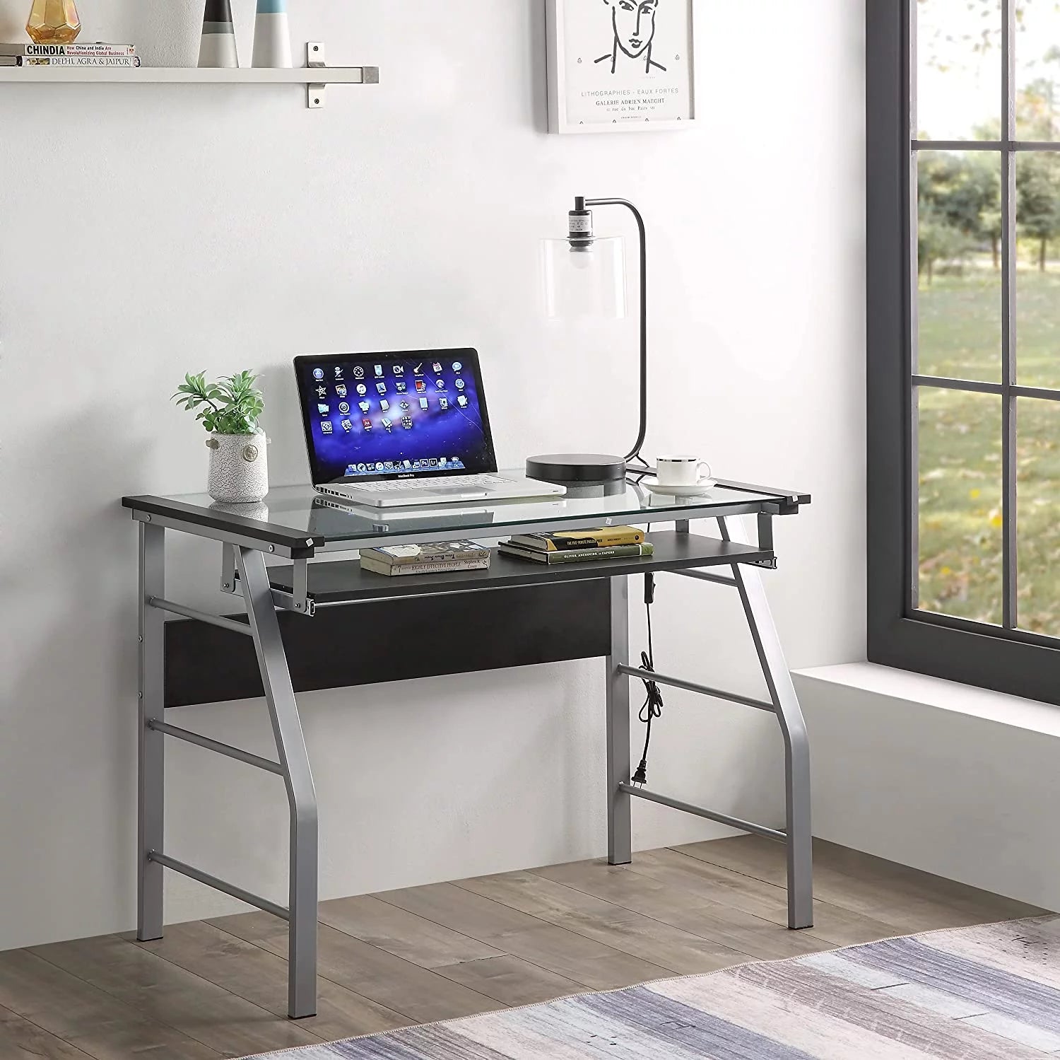 Metal and Glass Top Computer Desk Q490592