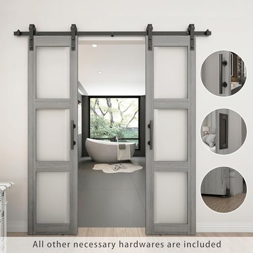 White 3-Panel Frosted Glass Solid Wood Barn Door with Sliding Door Hardware Kit O102254