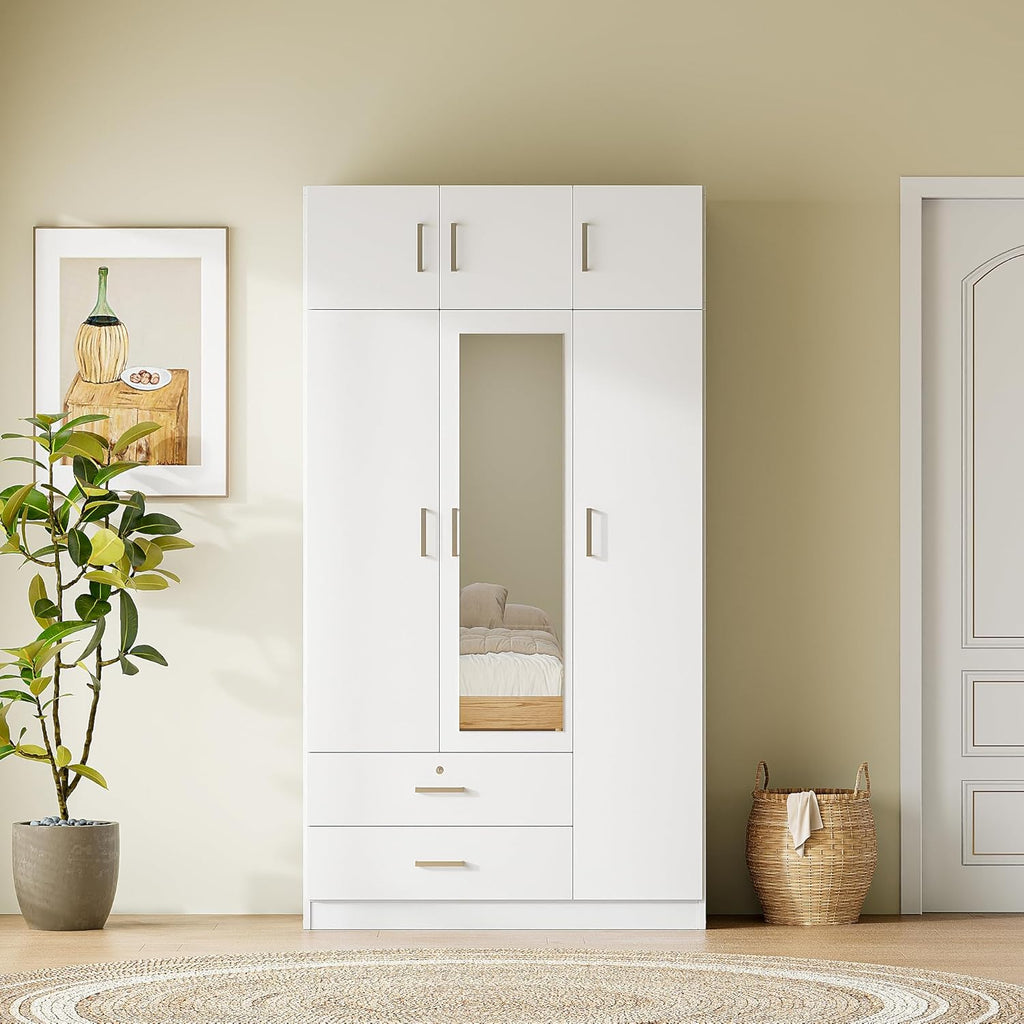 White 3-Door Mirror Wardrobe Closet with 2 Drawers F5635