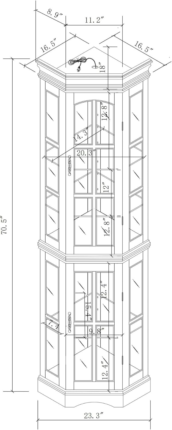 Curio Cabinet with Glass Doors, 5 Shelves, Lighting System, Oak Z375
