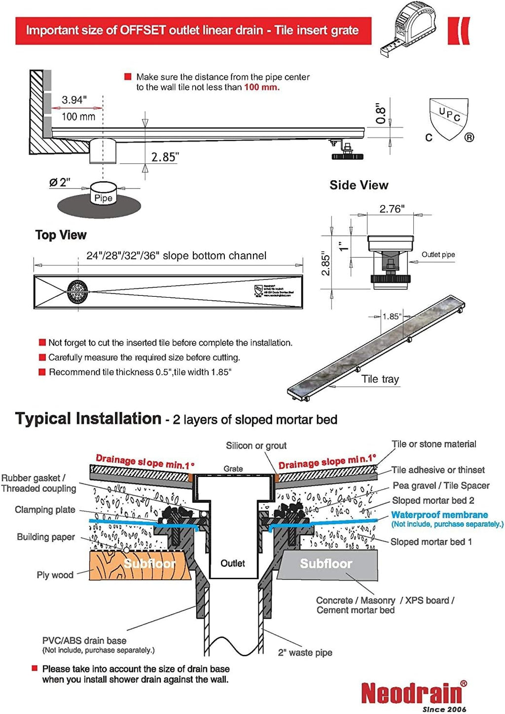 36-Inch Offset Linear Shower Drain with Tile Insert Grate Cover, Brushed 304 Stainless Steel Rectangle Side Outlet Shower Floor Drain P7046