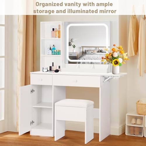 White Vanity Desk with Mirror and LED Lights F6503