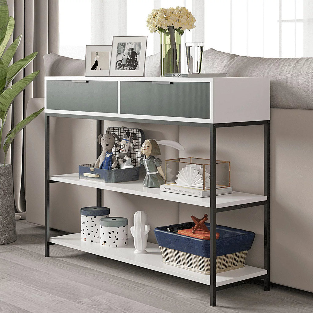White and Light Green Wood Console Table with Shelves and Drawers C4535