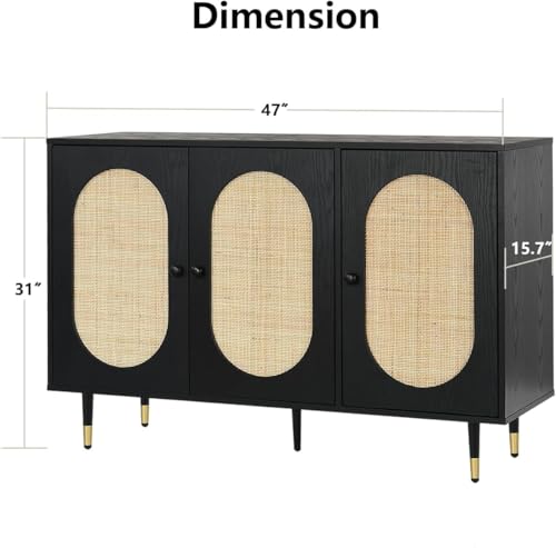 Black Rattan 3 Doors Buffet Cabinet with Adjustable Shelf I8256