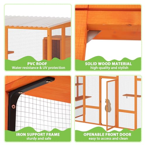 Orange Wooden Cat Enclosure with Large Door, Waterproof Roof, 104" L Extra Wide L43032