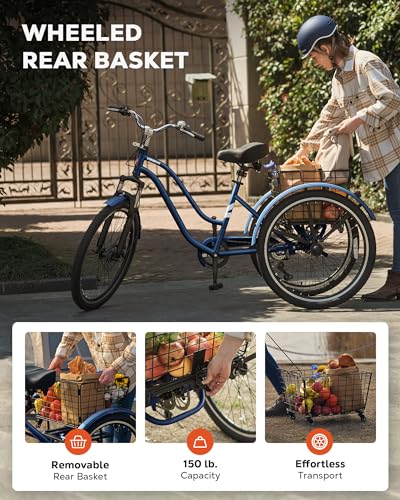 24 26 Inch 7 Speed Adult Tricycle with Front Suspension and Removable Basket R53424