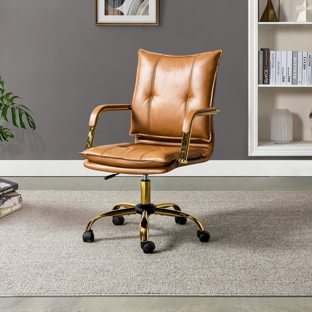 Camel Vegan Leather Task Chair with Tufted Mid Back Armrest Swivel Adjustable F784