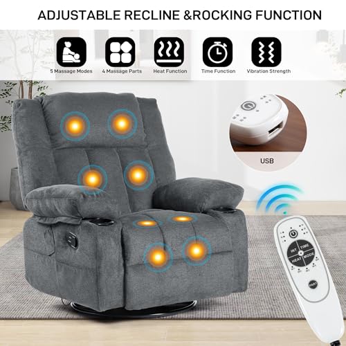 Recliner Chair Massage Fabric Recliners with Heated, 360 Degree Swivel Single Sofa with Cup Holders and Side Pockets Rocking Chair T54270