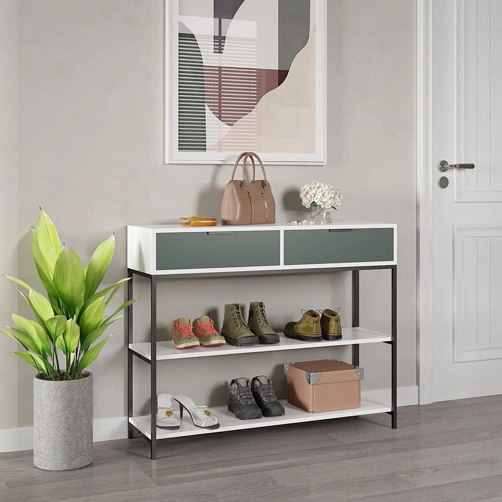 White and Light Green Wood Console Table with Shelves and Drawers C4535