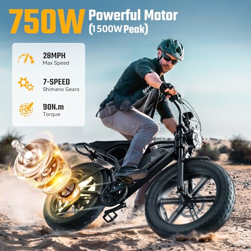 1500W Peak Brushless Motor 28 MPH 60 Miles Fat Tire E Bike with 48V 15Ah Removable Battery 20" Electric Dirt Bike Hydraulic Suspension 7-Speed W321