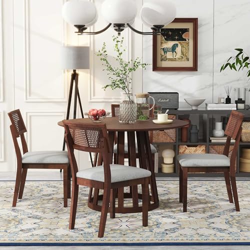 5-Piece Wood Dining Table Set with 4 Upholstered Chairs, Walnut O361