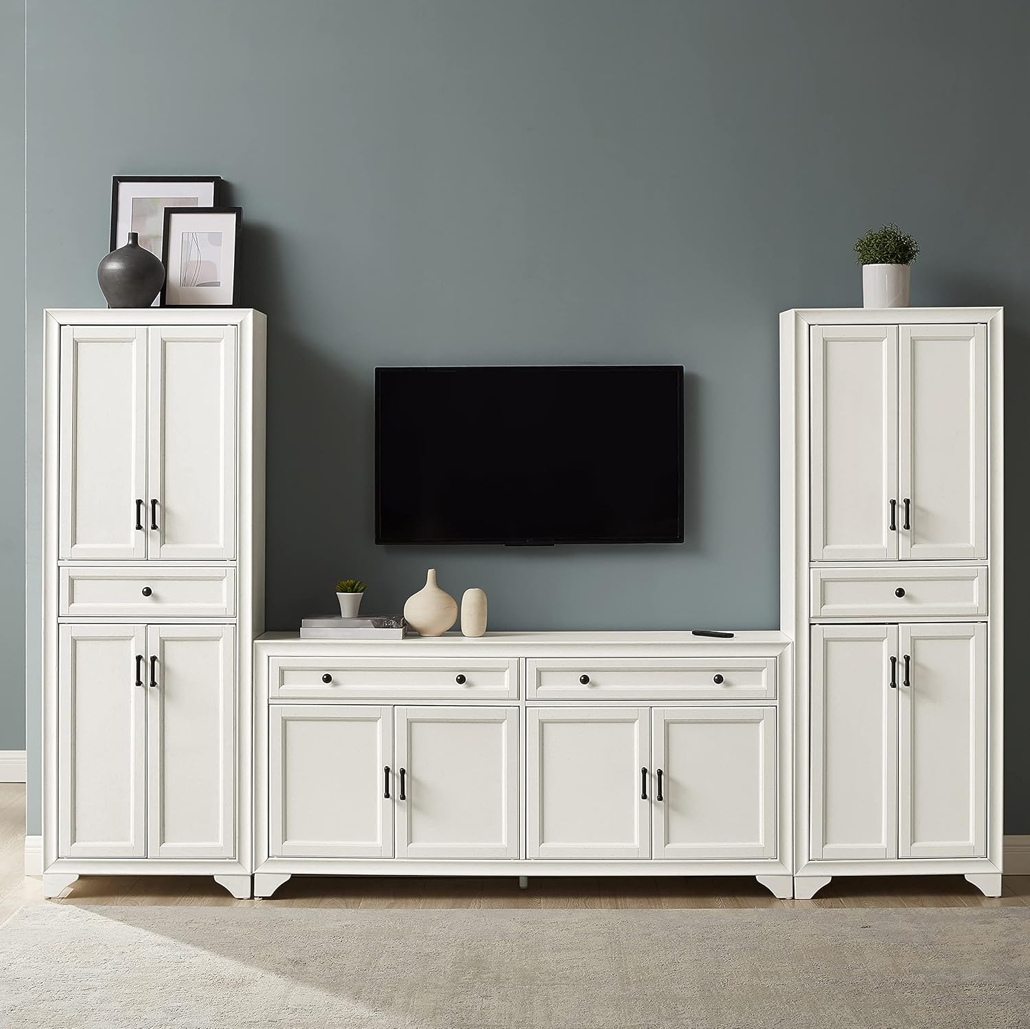 Distressed White 3-Piece Entertainment Set with Sideboard and 2 Storage Cabinets B91608