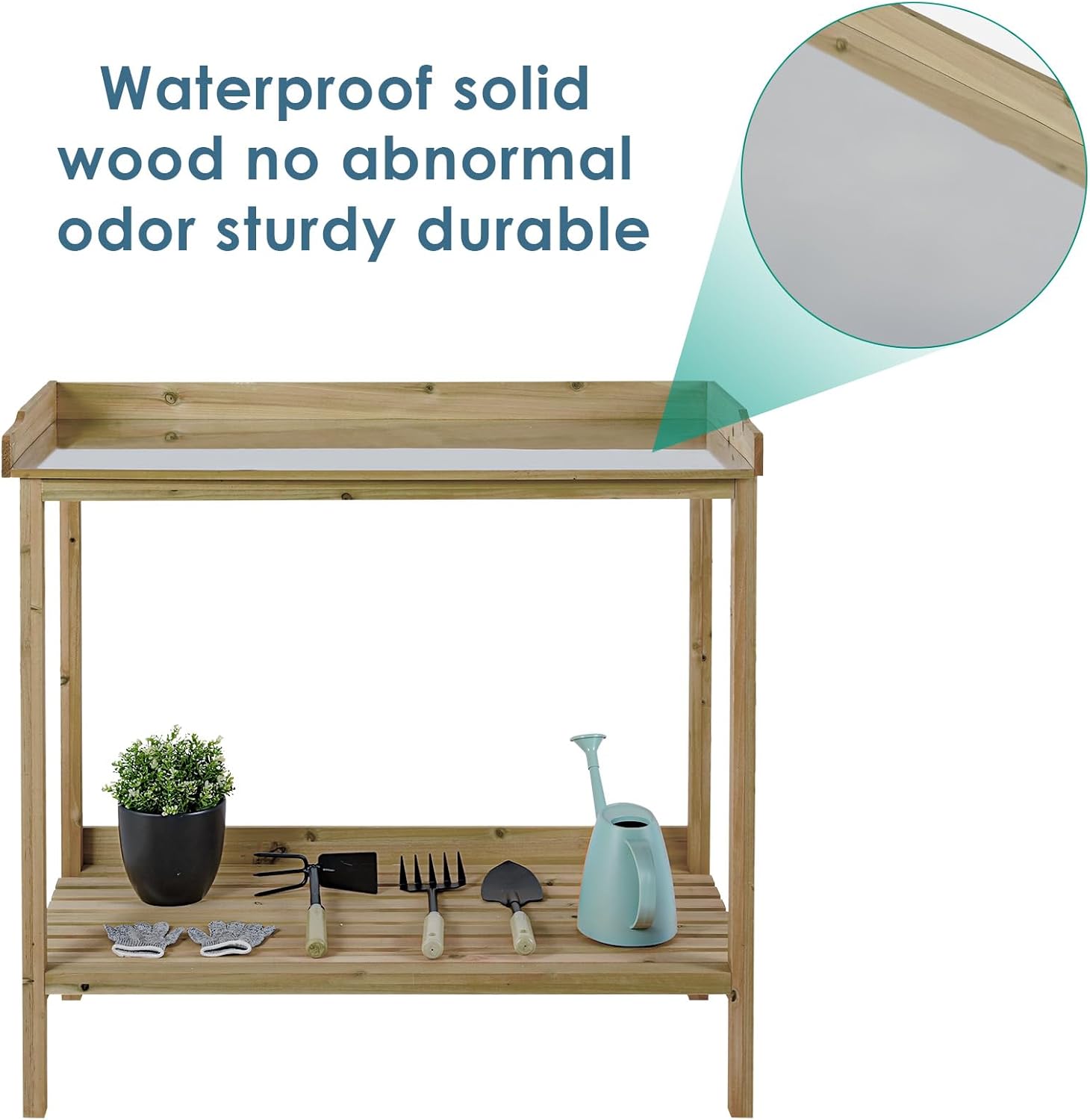 Natural Wood Potting Bench with Galvanized Iron Tabletop I853