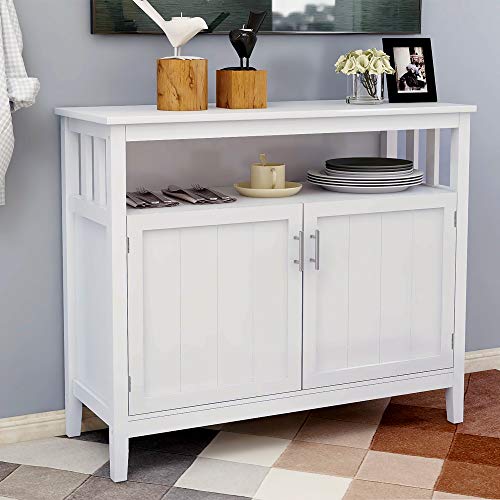 White Solid Wood Buffet Table with 2 Doors and Shelves J16327