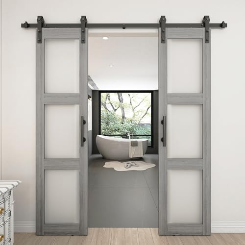 White 3-Panel Frosted Glass Solid Wood Barn Door with Sliding Door Hardware Kit O102254