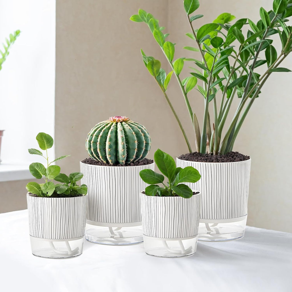 4 Pack Self Watering Pots, 4.3+5.5 Inch Planter Pot with Wick Rope and Reservoir S17573
