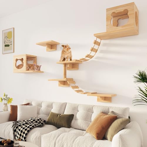 Pine Wooden Cat Wall Shelves with Scratching Post G940953