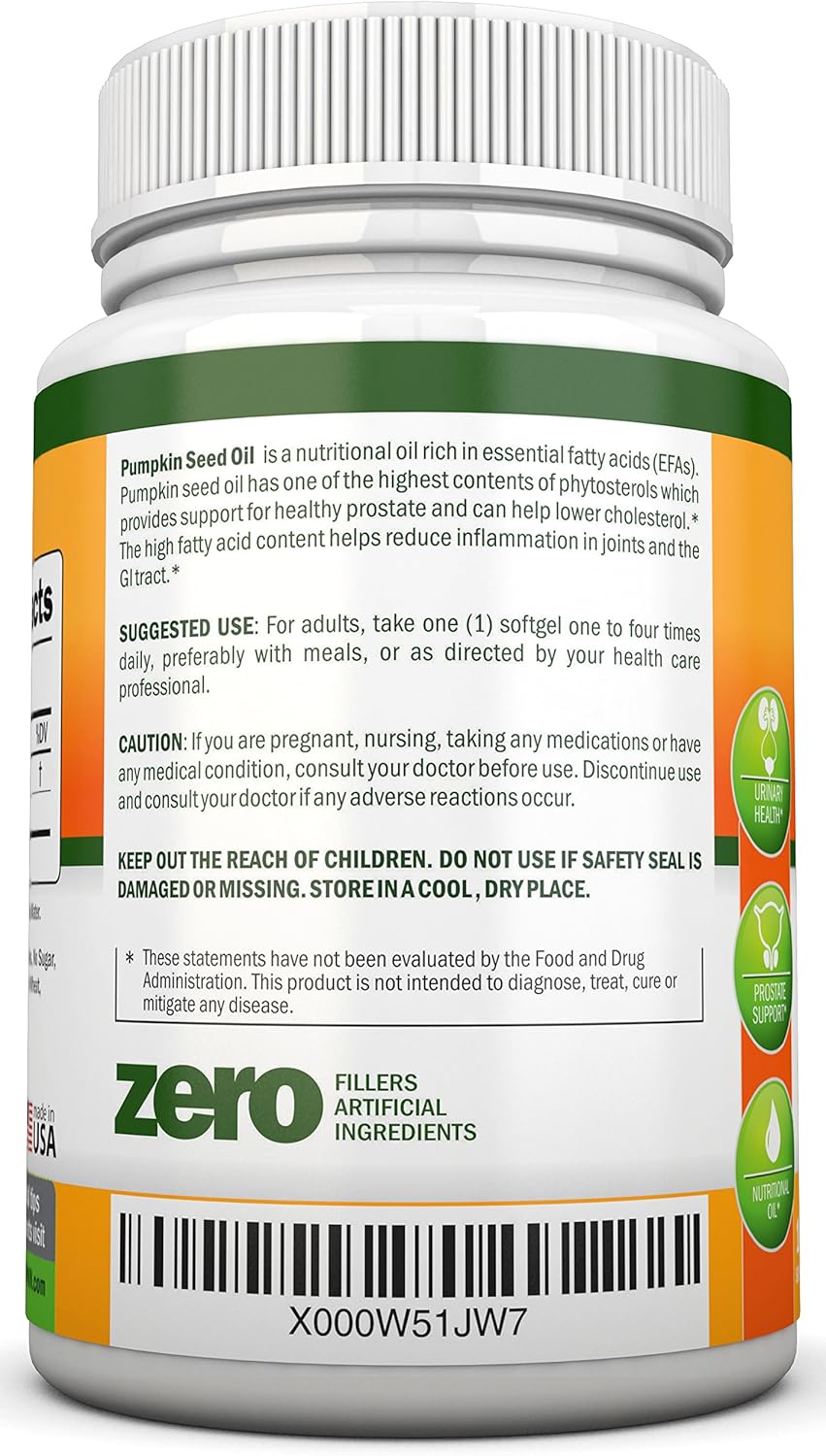 Cold-Pressed Natural Pumpkin Seed Oil 1000mg 180 Softgels J889779