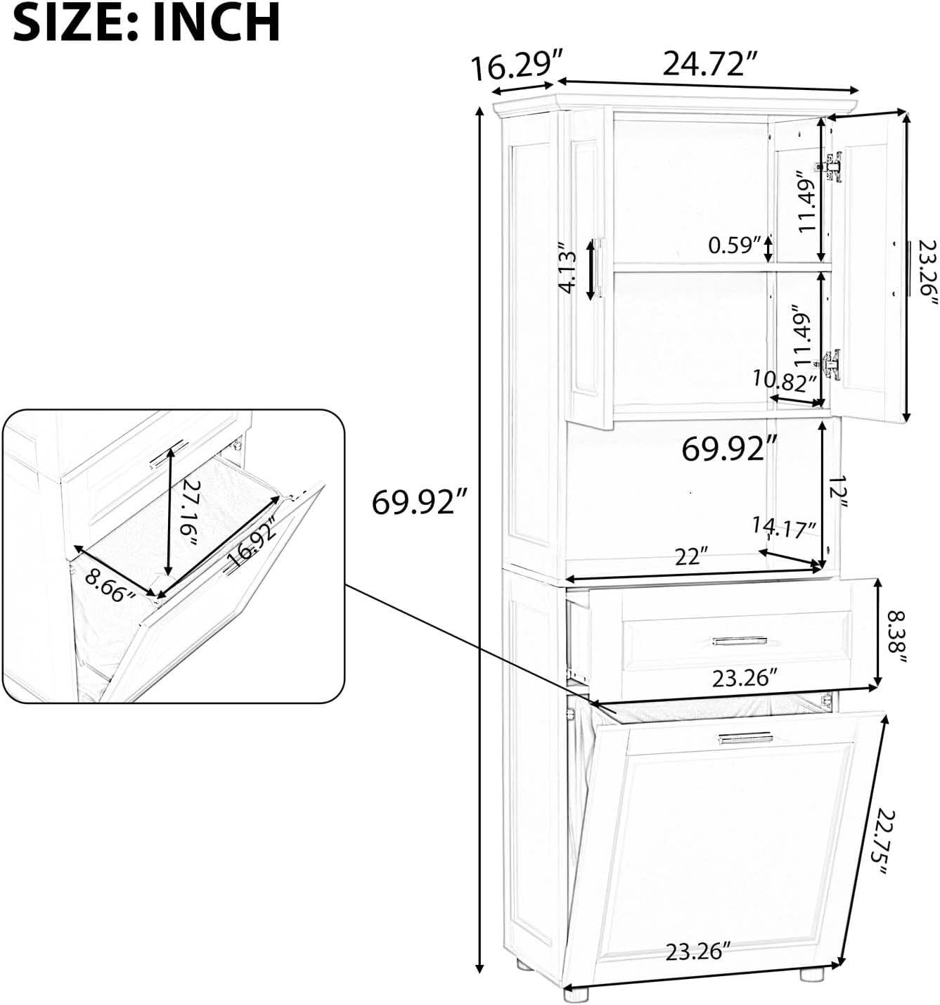 70" Tall Tilt Out Laundry Hamper Cabinet with 2 Doors and Adjustable Shelf A80818