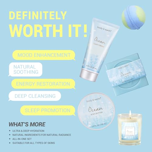 5 Pcs Ocean Scented Bath Gift Set with Candle Body Butter Hand Cream Bath Bomb S8833