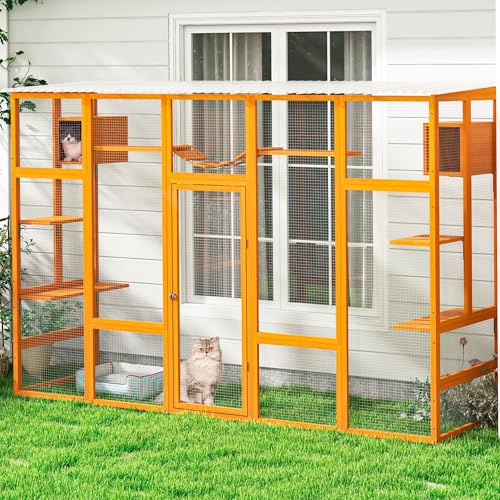 Orange Wooden Cat Enclosure with Large Door, Waterproof Roof, 104" L Extra Wide L43032
