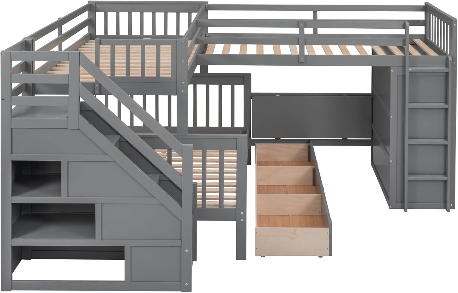 Gray Wooden Triple Bunk Bed with Desk, Storage Drawers, Stairs and Wardrobe B4761