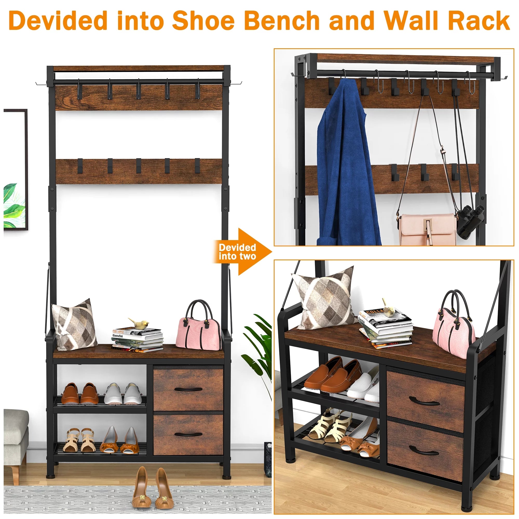 Rustic Brown 4 in 1 Entryway Hall Tree Coat Rack with Shoe Storage Bench 17 Hooks 2 Drawers F621