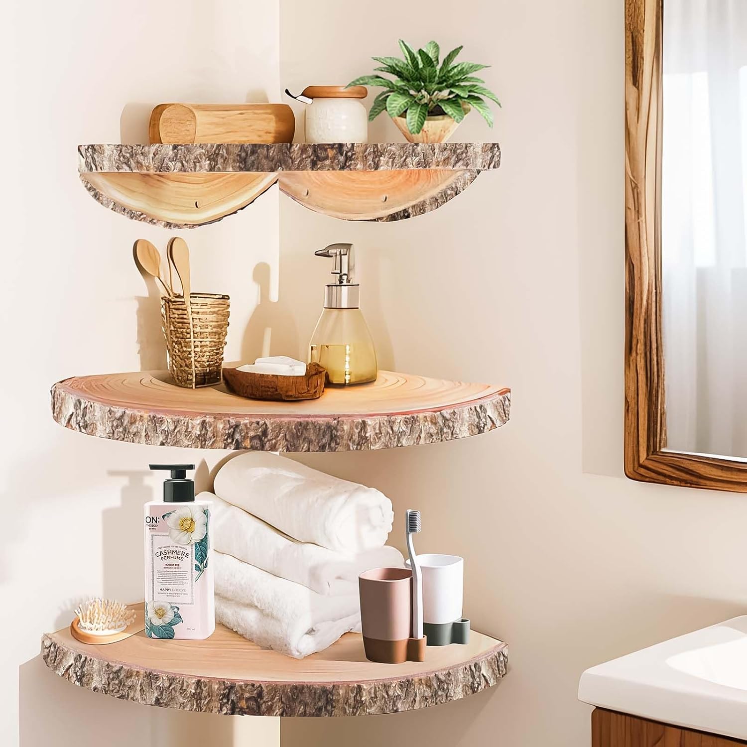 3Pcs Rustic Wood Corner Floating Shelves W7713