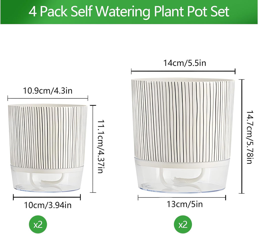 4 Pack Self Watering Pots, 4.3+5.5 Inch Planter Pot with Wick Rope and Reservoir S17573