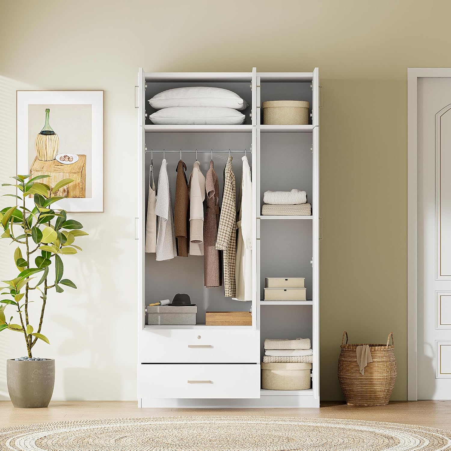 White 3-Door Mirror Wardrobe Closet with 2 Drawers F5635
