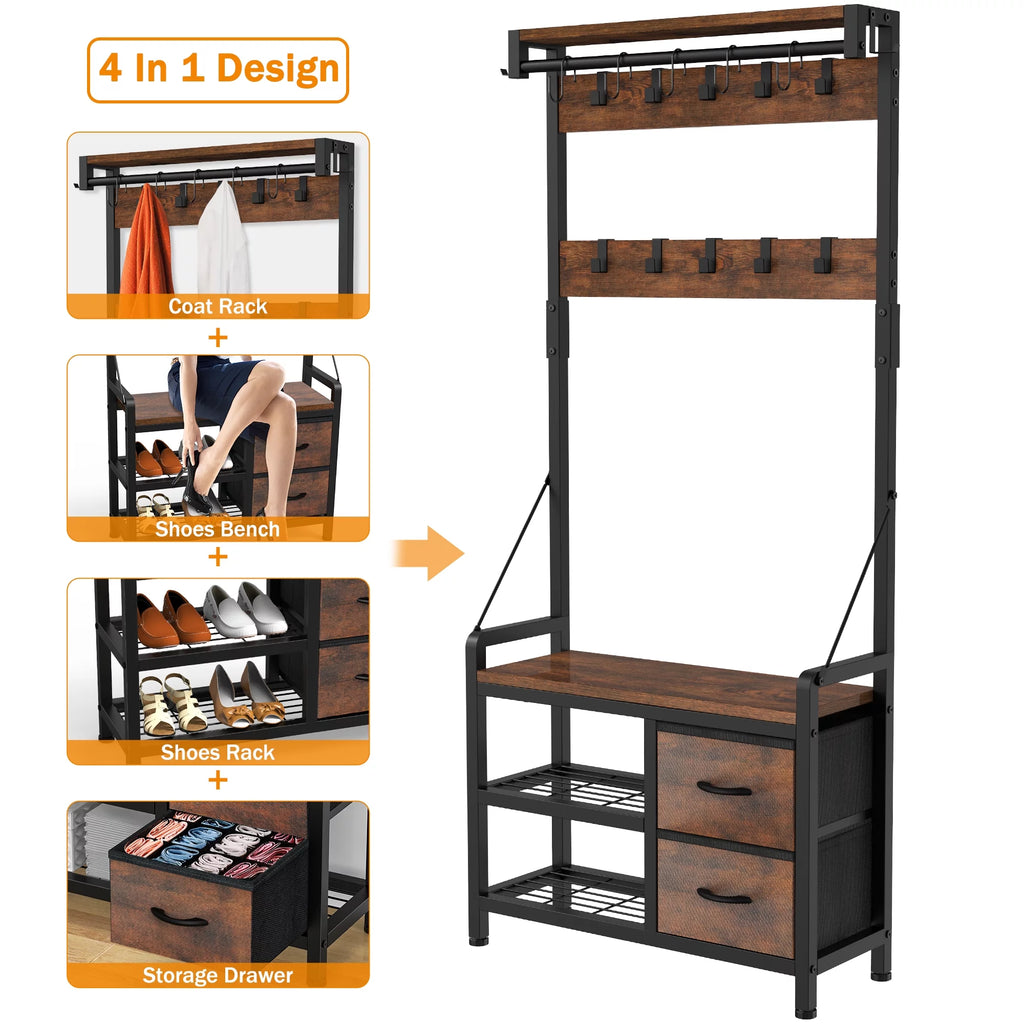 Rustic Brown 4 in 1 Entryway Hall Tree Coat Rack with Shoe Storage Bench 17 Hooks 2 Drawers F621