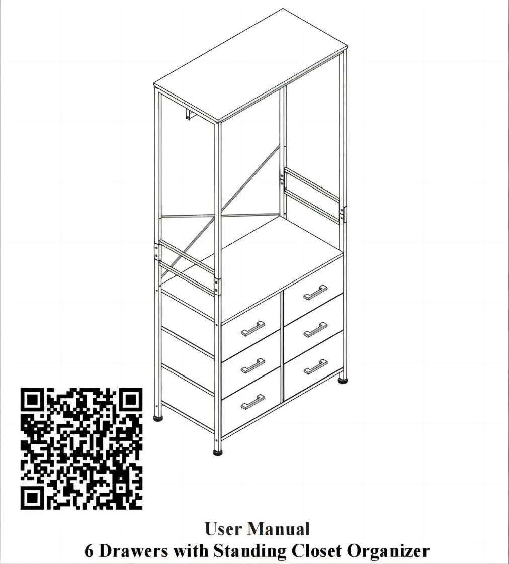 Freestanding Clothing Rack with Hanging Rod and 6 Drawer Wooden Wardrobe Armoire Y7027