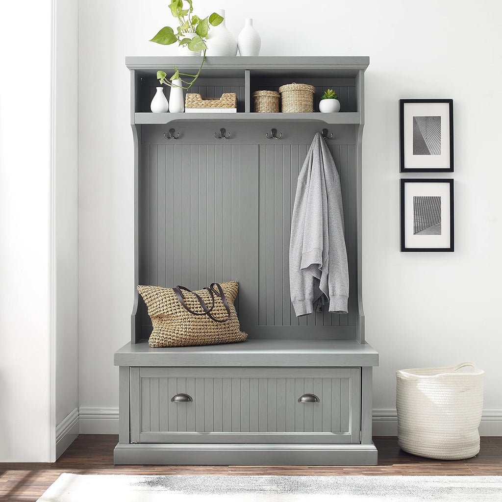 Distressed Gray Hall Tree with Coat Rack and Shoe Cabinet L780441