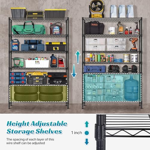 Black 6 Tier Steel Wire Shelving Unit with Wheels C784